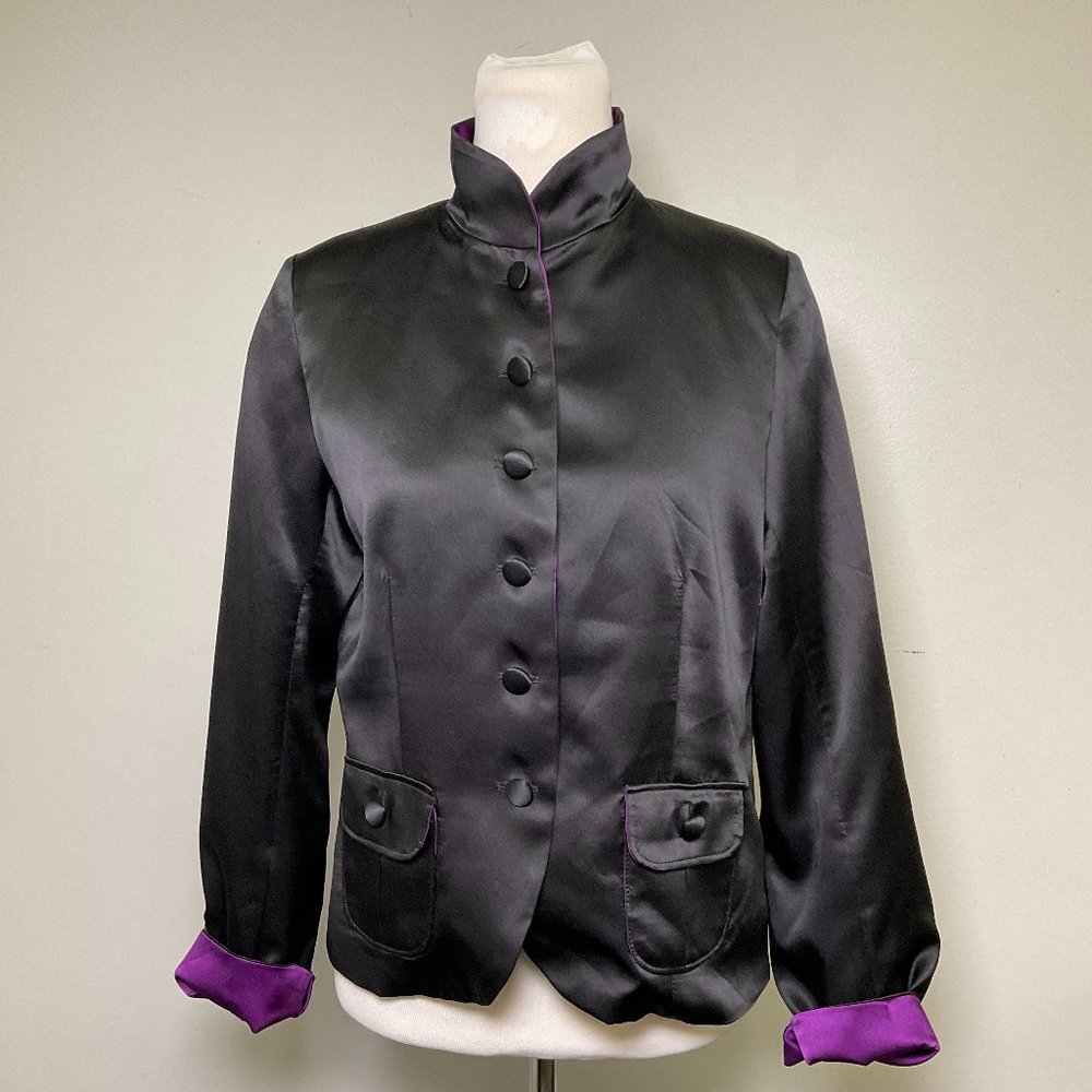 Teresa Crowninshield Womens Black 100% Silk Stand Collar Button Front Jacket 10